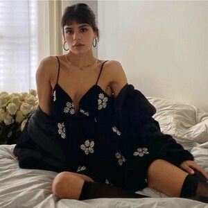 Urban Outfitters Ginger Black Velvet Embroidered Daisy Dress